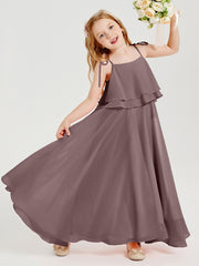 Long Chiffon Junior Bridesmaid Dresses Bowknot Spaghetti Straps Vintage Mauve