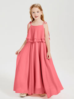 Long Chiffon Junior Bridesmaid Dresses Bowknot Spaghetti Straps Watermelon