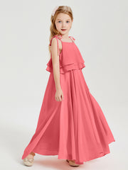 Long Chiffon Junior Bridesmaid Dresses Bowknot Spaghetti Straps Watermelon