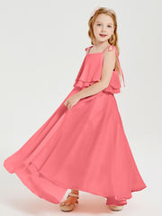 Long Chiffon Junior Bridesmaid Dresses Bowknot Spaghetti Straps Watermelon