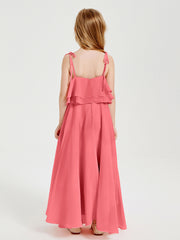 Long Chiffon Junior Bridesmaid Dresses Bowknot Spaghetti Straps Watermelon