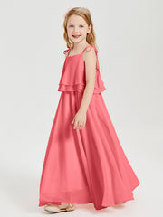 Long Chiffon Junior Bridesmaid Dresses Bowknot Spaghetti Straps Watermelon
