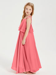 Long Chiffon Junior Bridesmaid Dresses Bowknot Spaghetti Straps Watermelon