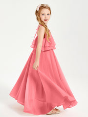 Long Chiffon Junior Bridesmaid Dresses Bowknot Spaghetti Straps Watermelon