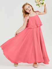 Long Chiffon Junior Bridesmaid Dresses Bowknot Spaghetti Straps Watermelon