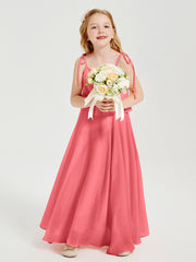 Long Chiffon Junior Bridesmaid Dresses Bowknot Spaghetti Straps Watermelon