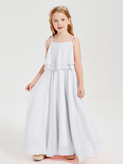 Long Chiffon Junior Bridesmaid Dresses Bowknot Spaghetti Straps White