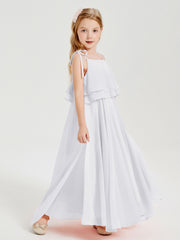 Long Chiffon Junior Bridesmaid Dresses Bowknot Spaghetti Straps White
