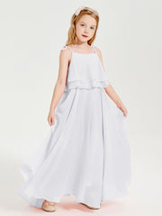 Long Chiffon Junior Bridesmaid Dresses Bowknot Spaghetti Straps White
