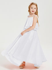 Long Chiffon Junior Bridesmaid Dresses Bowknot Spaghetti Straps White
