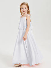 Long Chiffon Junior Bridesmaid Dresses Bowknot Spaghetti Straps White