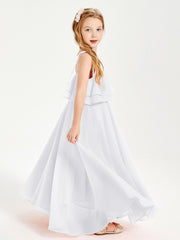 Long Chiffon Junior Bridesmaid Dresses Bowknot Spaghetti Straps White