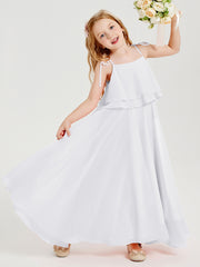 Long Chiffon Junior Bridesmaid Dresses Bowknot Spaghetti Straps White
