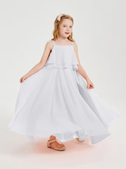 Long Chiffon Junior Bridesmaid Dresses Bowknot Spaghetti Straps White