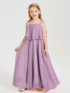 Long Chiffon Junior Bridesmaid Dresses Bowknot Spaghetti Straps Wisteria