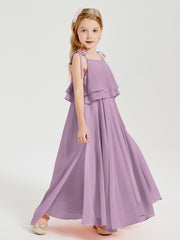 Long Chiffon Junior Bridesmaid Dresses Bowknot Spaghetti Straps Wisteria