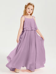 Long Chiffon Junior Bridesmaid Dresses Bowknot Spaghetti Straps Wisteria