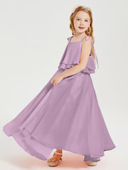 Long Chiffon Junior Bridesmaid Dresses Bowknot Spaghetti Straps Wisteria