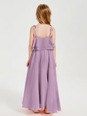 Long Chiffon Junior Bridesmaid Dresses Bowknot Spaghetti Straps Wisteria
