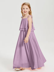 Long Chiffon Junior Bridesmaid Dresses Bowknot Spaghetti Straps Wisteria