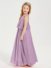 Long Chiffon Junior Bridesmaid Dresses Bowknot Spaghetti Straps Wisteria