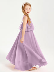 Long Chiffon Junior Bridesmaid Dresses Bowknot Spaghetti Straps Wisteria
