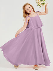 Long Chiffon Junior Bridesmaid Dresses Bowknot Spaghetti Straps Wisteria