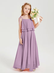 Long Chiffon Junior Bridesmaid Dresses Bowknot Spaghetti Straps Wisteria