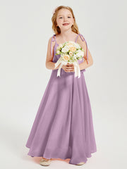 Long Chiffon Junior Bridesmaid Dresses Bowknot Spaghetti Straps Wisteria