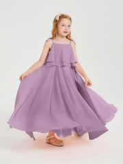 Long Chiffon Junior Bridesmaid Dresses Bowknot Spaghetti Straps Wisteria