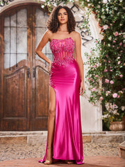 Strapless Appliqued Diamond Sheath High Slit Satin Prom Dresses Fuchsia