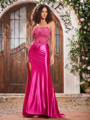 Strapless Appliqued Diamond Sheath High Slit Satin Prom Dresses Fuchsia