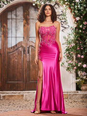 Strapless Appliqued Diamond Sheath High Slit Satin Prom Dresses Fuchsia
