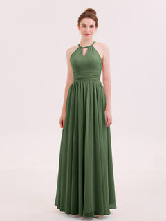 Halter Long Chiffon Dress of Bridesmaids Olive Green