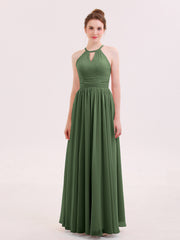 Halter Long Chiffon Dress of Bridesmaids Olive Green
