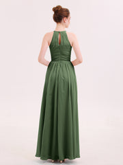 Halter Long Chiffon Dress of Bridesmaids Olive Green