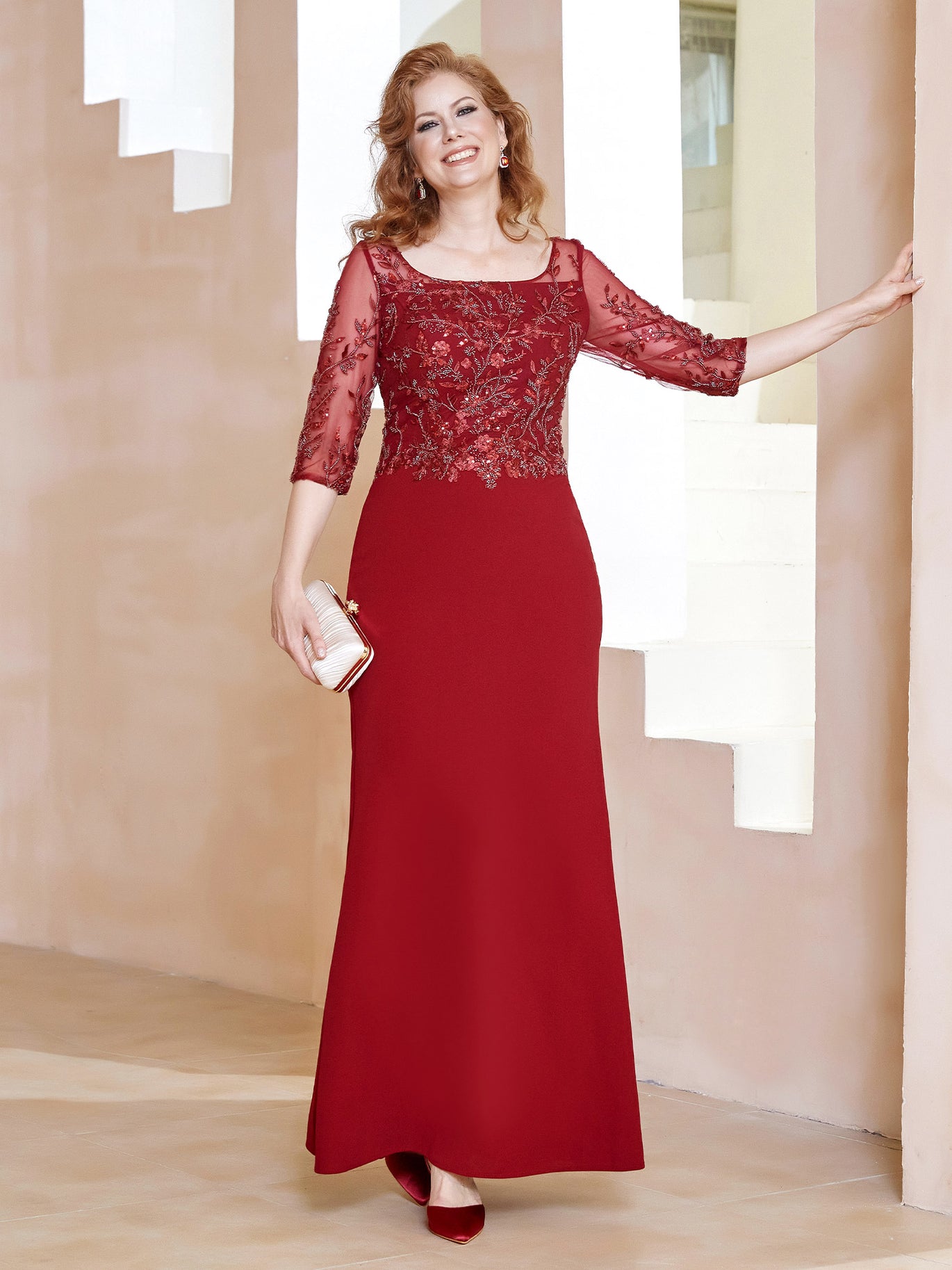 BABARONI Crepe Mother of the Bride Dress with Square Neck 3/4 Sleeves and Sequins Lace Bodice BABARONI Crepe Mother of the Bride Dress with Square Neck 3/4 Sleeves and Sequins Lace Bodice