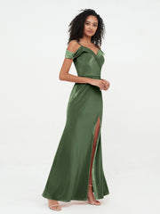 Off Shoulder Max Velvet Dresses with Silt Olive Green