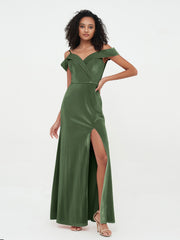 Off Shoulder Max Velvet Dresses with Silt Olive Green Plus Size