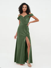 Off Shoulder Max Velvet Dresses with Silt Olive Green