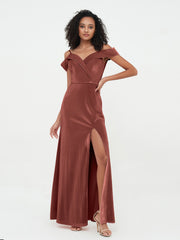 Off Shoulder Max Velvet Dresses with Silt Terracotta
