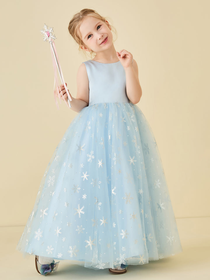 Beauty Blue Off the Shoulder Applique Flower Girl Dresses, Long Sweep Train Flower Girl Dress UF080