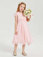 Tea Length Chiffon Junior Bridesmaid Dresses Blushing Pink