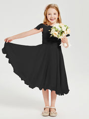 Tea Length Chiffon Junior Bridesmaid Dresses Black