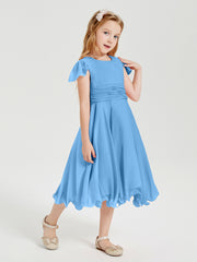 Tea Length Chiffon Junior Bridesmaid Dresses Blue