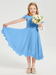 Tea Length Chiffon Junior Bridesmaid Dresses Blue