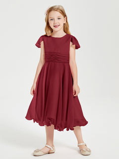 Tea Length Chiffon Junior Bridesmaid Dresses Burgundy