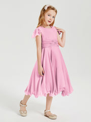 Tea Length Chiffon Junior Bridesmaid Dresses Candy Pink