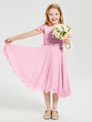 Tea Length Chiffon Junior Bridesmaid Dresses Candy Pink