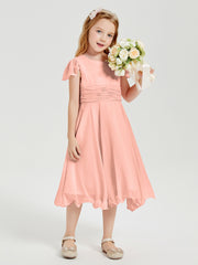Tea Length Chiffon Junior Bridesmaid Dresses Coral